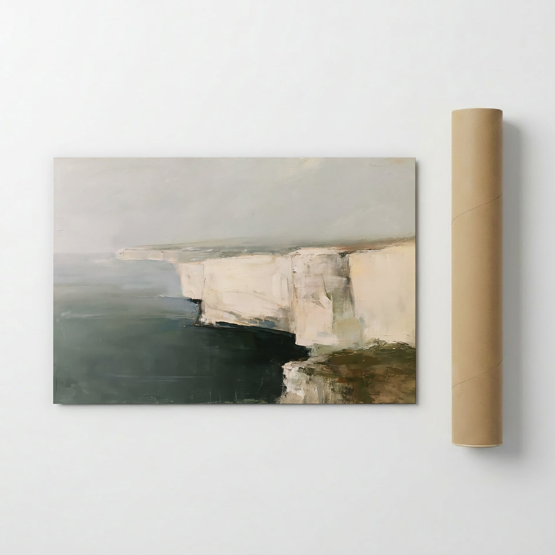 The image is a painting of a cliff overlooking the ocean, with a tube of paper standing next to it.