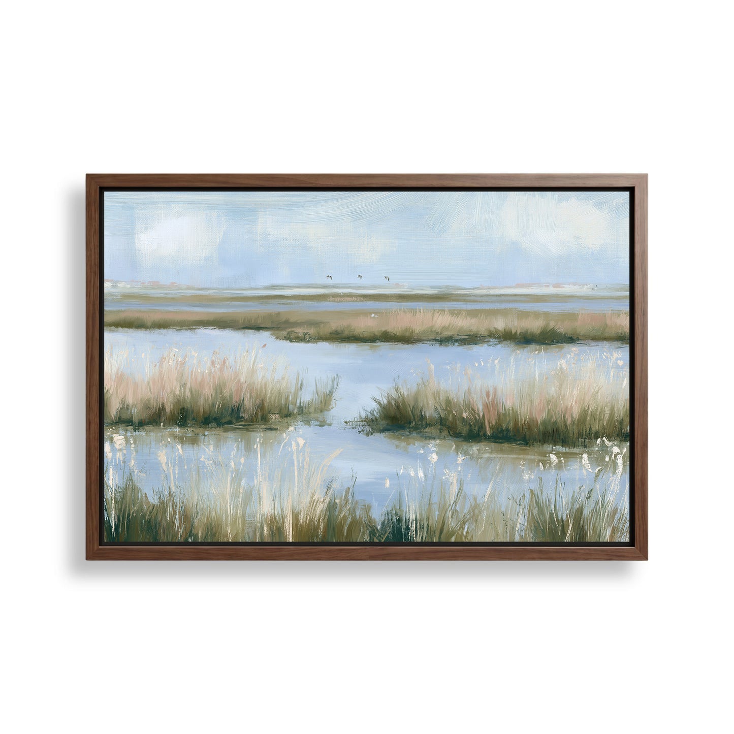 The image is a framed painting depicting a serene landscape with a body of water surrounded by tall grasses and a cloudy sky.