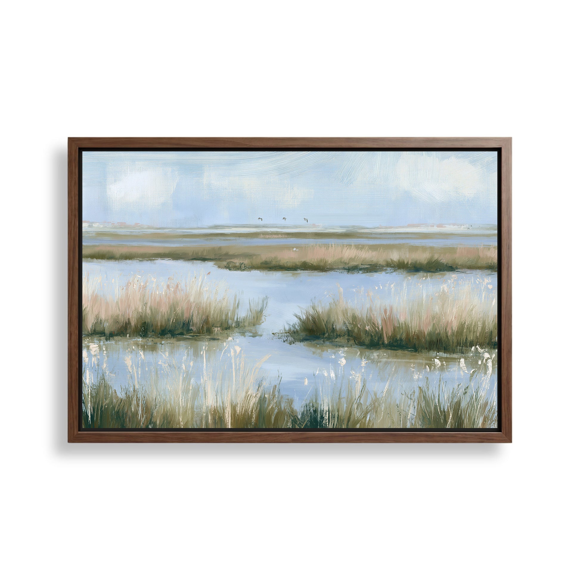 The image is a framed painting depicting a serene landscape with a body of water surrounded by tall grasses and a cloudy sky.