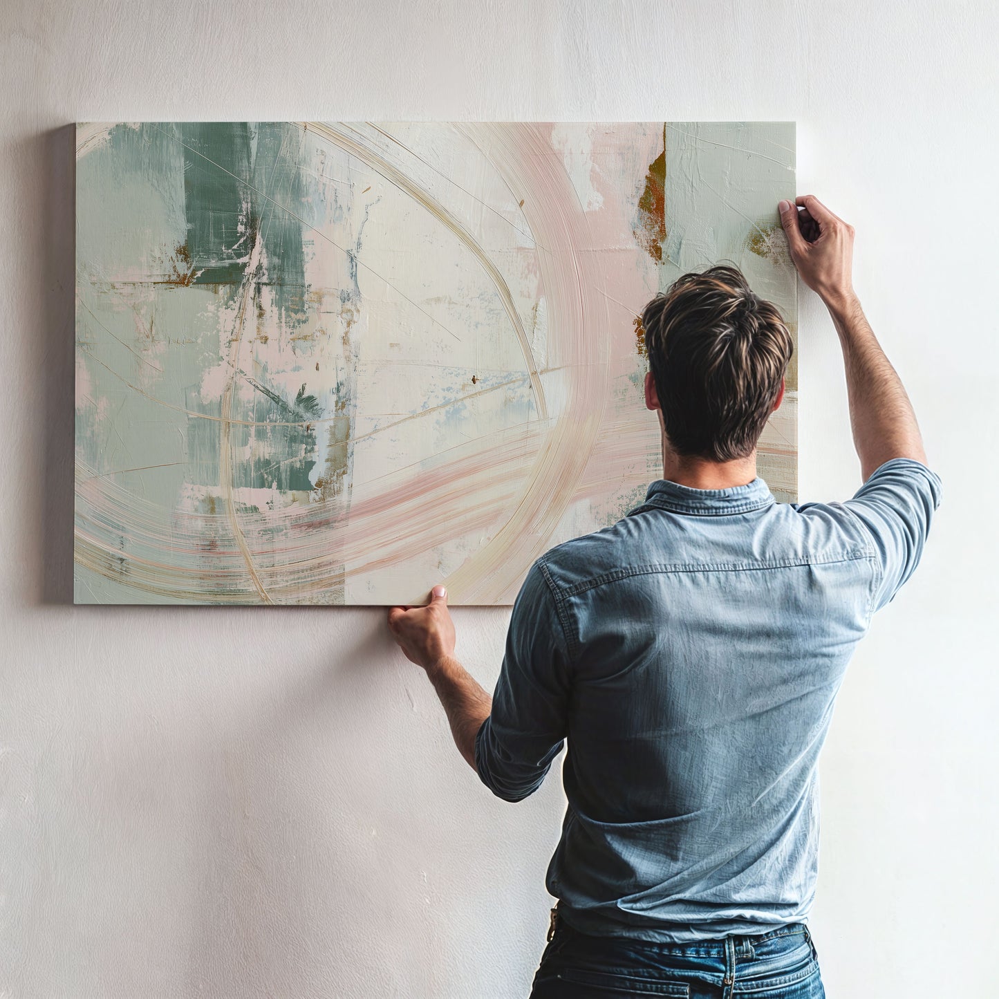 A man is hanging a large abstract painting on a wall.
