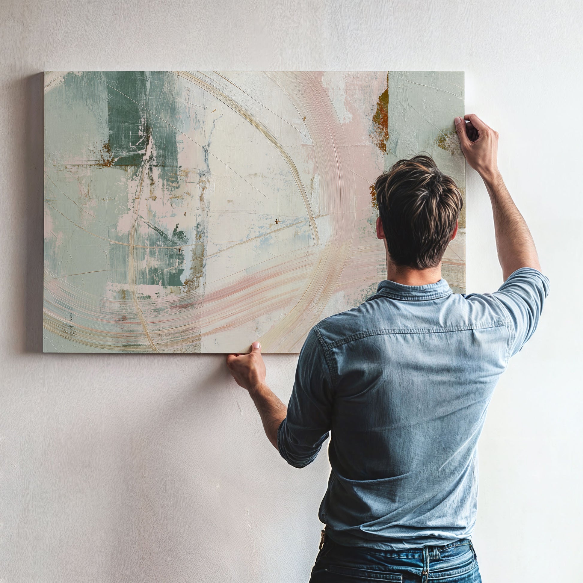 A man is hanging a large abstract painting on a wall.