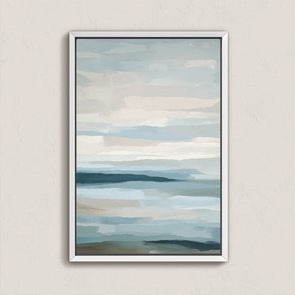Lapse Canvas Print featuring soft blue, ivory, and sand tones evoking calm sea and sky, archival-quality gallery wrapped canvas with optional solid wood floating frame.