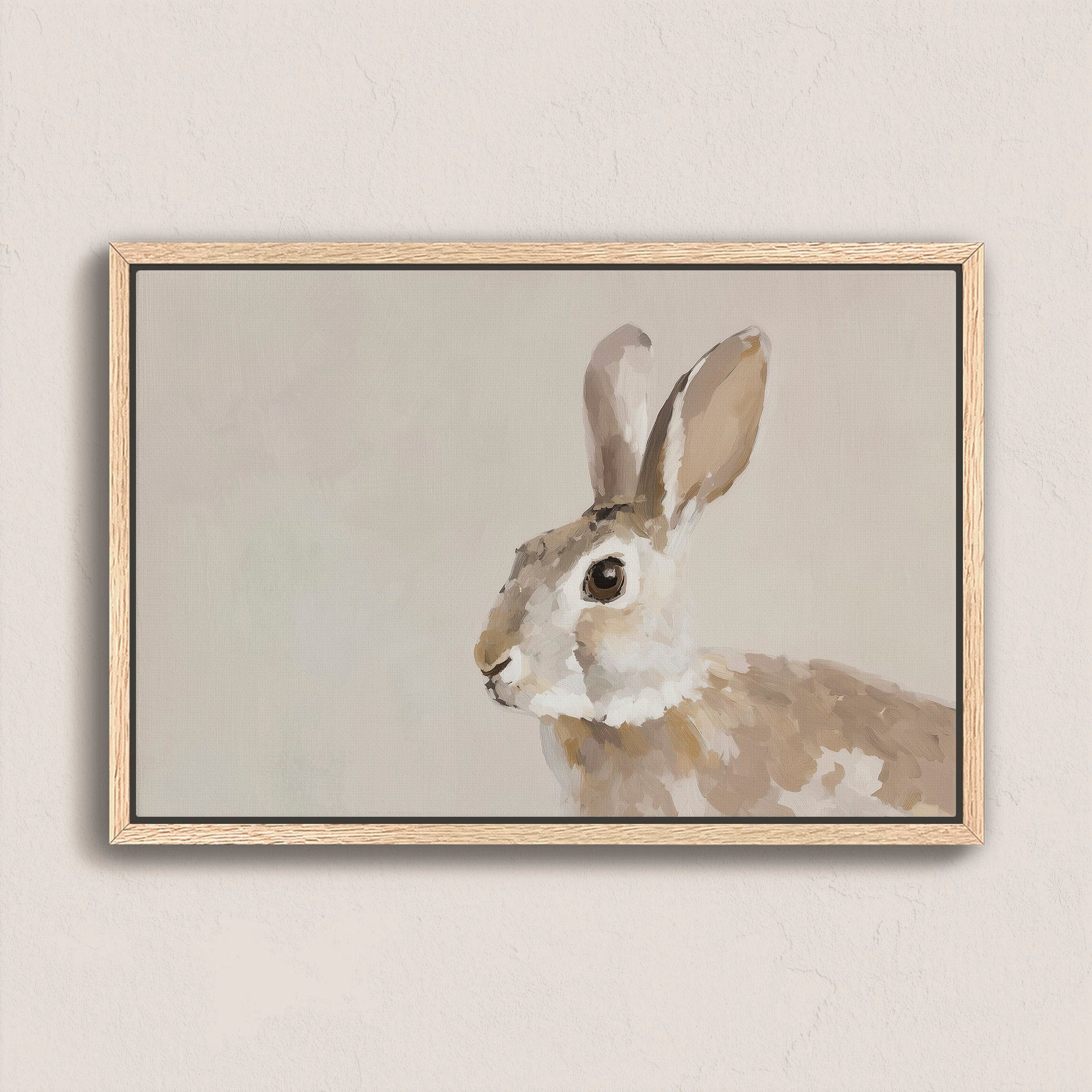Clover Canvas Print featuring a serene rabbit in neutral tones with soft painterly texture in a natural wood frame