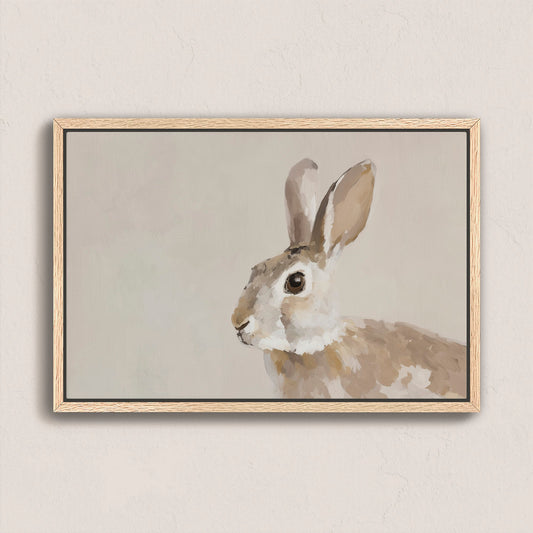 Clover Canvas Print featuring a serene rabbit in neutral tones with soft painterly texture in a natural wood frame