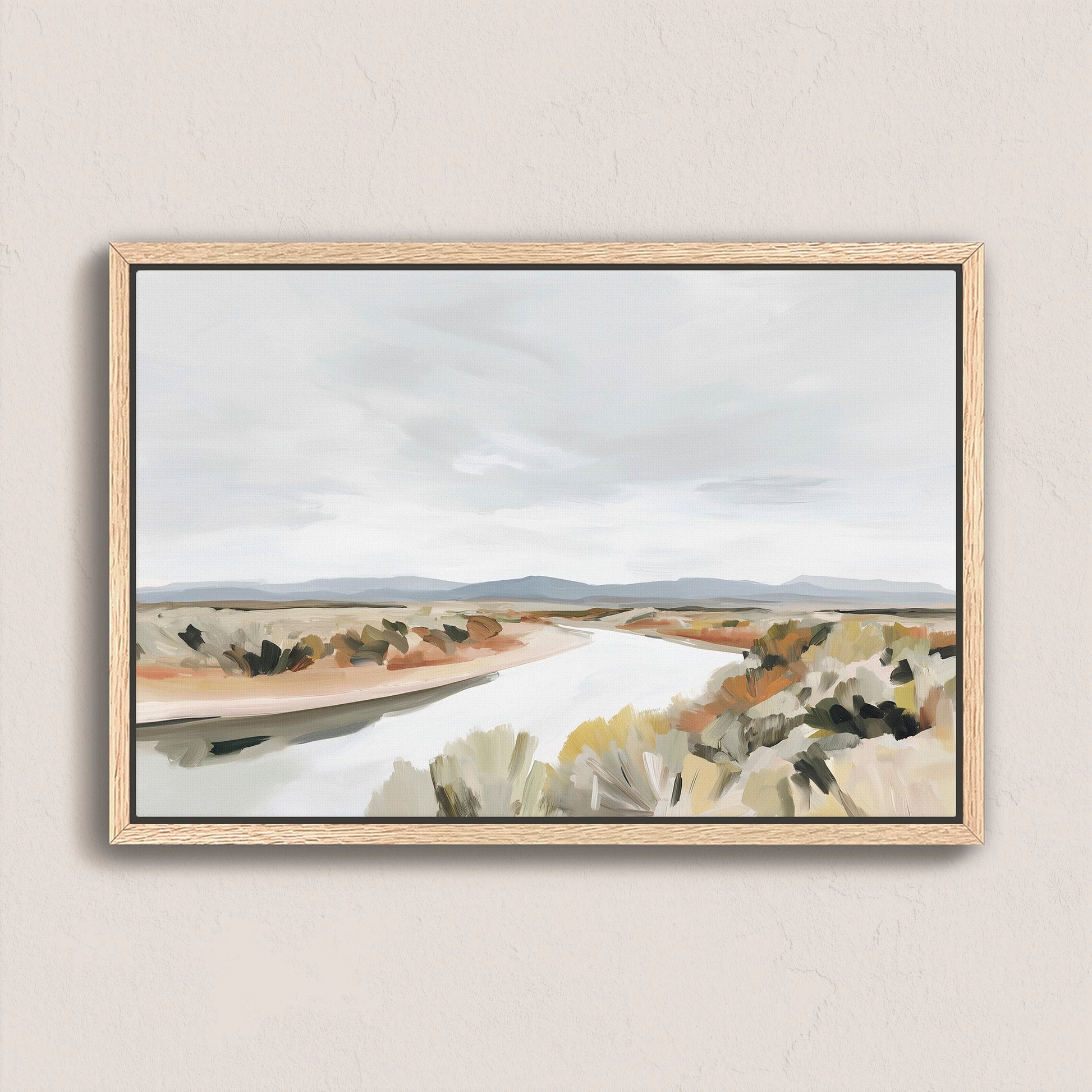 Mesa canvas print of a serene desert landscape with a flowing river and muted earth tones in a natural wood frame