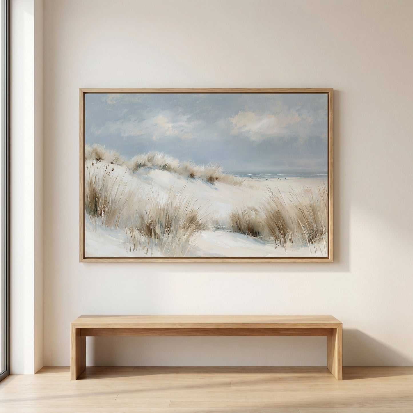 a large painting of a snowy landscape hanging on a wall above a wooden bench.