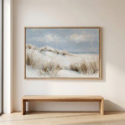a large painting of a snowy landscape hanging on a wall above a wooden bench.
