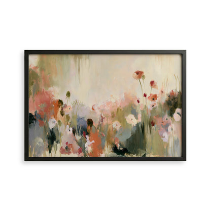 The image is a framed painting depicting a vibrant and colorful floral scene with various types of flowers and foliage.