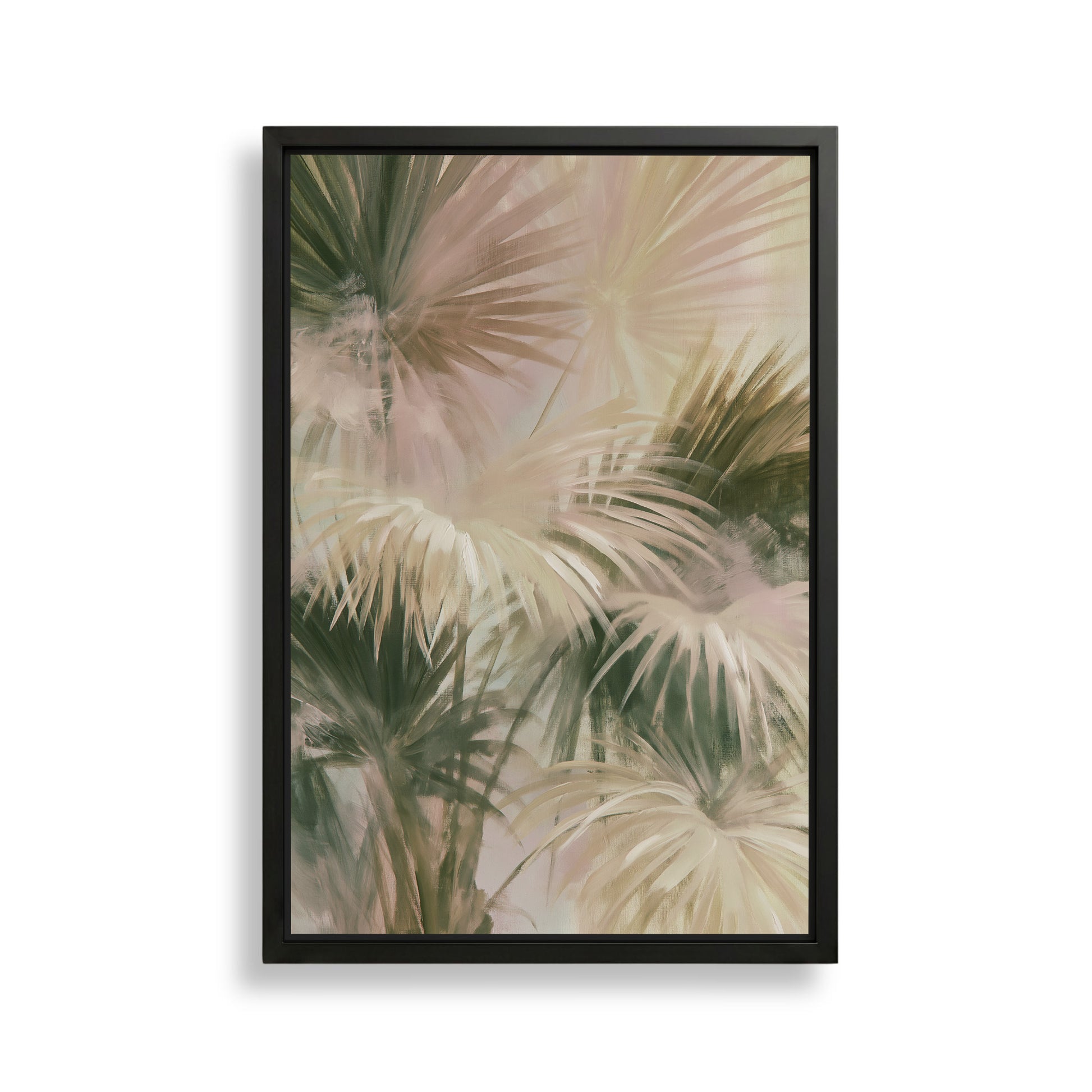 The image is a framed artwork depicting a close-up view of palm leaves in various shades of green and beige.