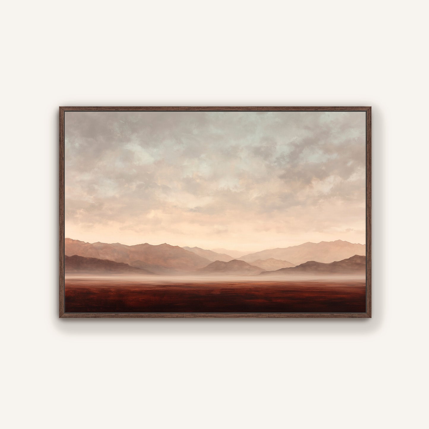 a serene landscape with mountains in the distance, a hazy sky, and a vast, open field.