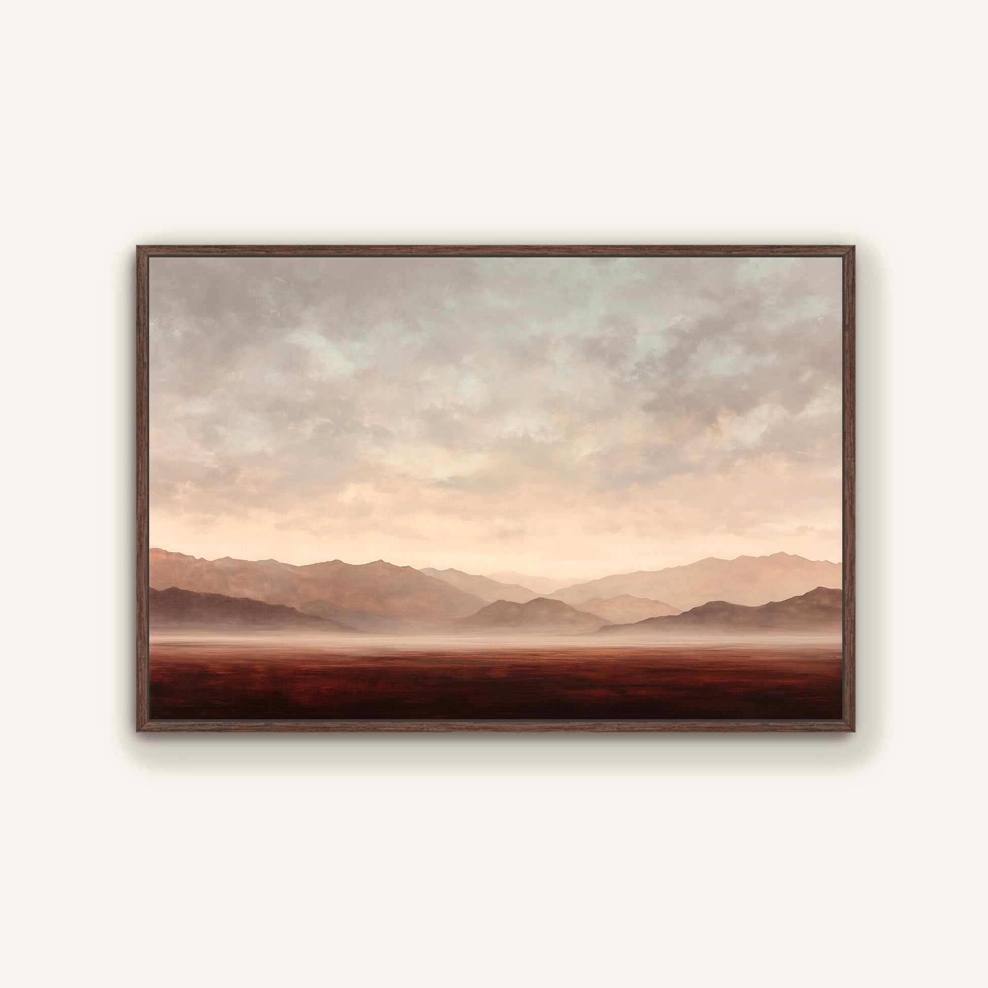 a serene landscape with mountains in the distance, a hazy sky, and a vast, open field.