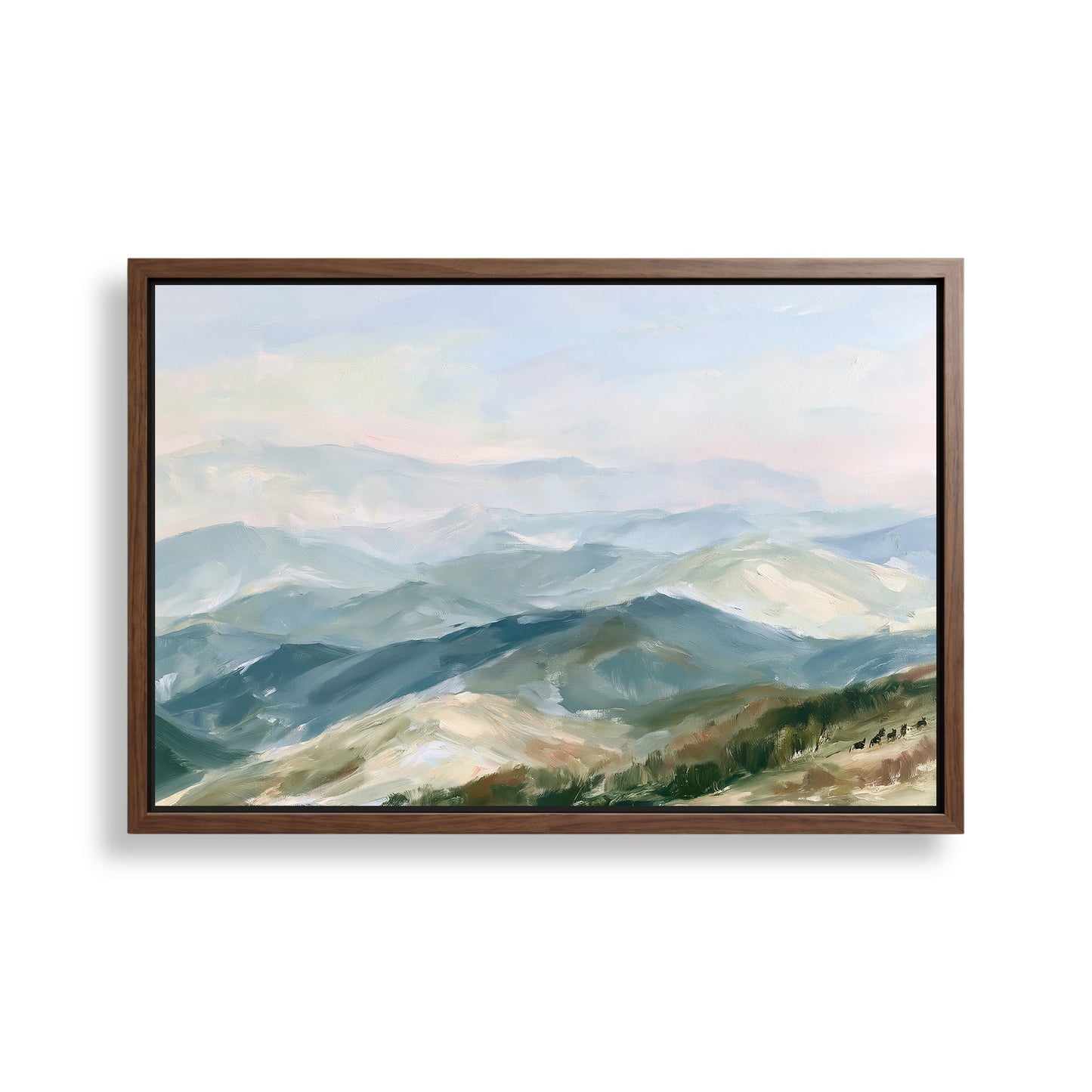 The image is a framed painting depicting a scenic mountain landscape with rolling hills and a hazy blue sky.