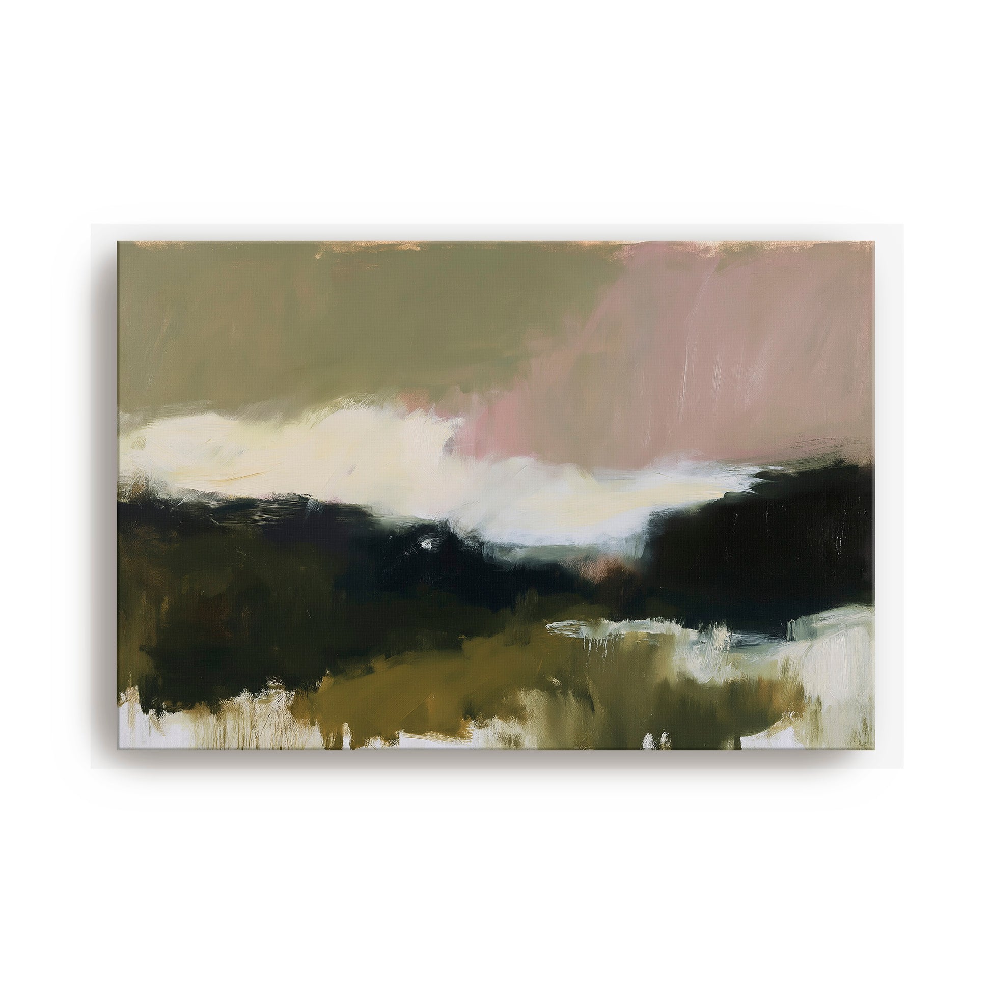 The image is an abstract landscape painting featuring a blend of green, brown, and white colors, creating a sense of depth and movement.