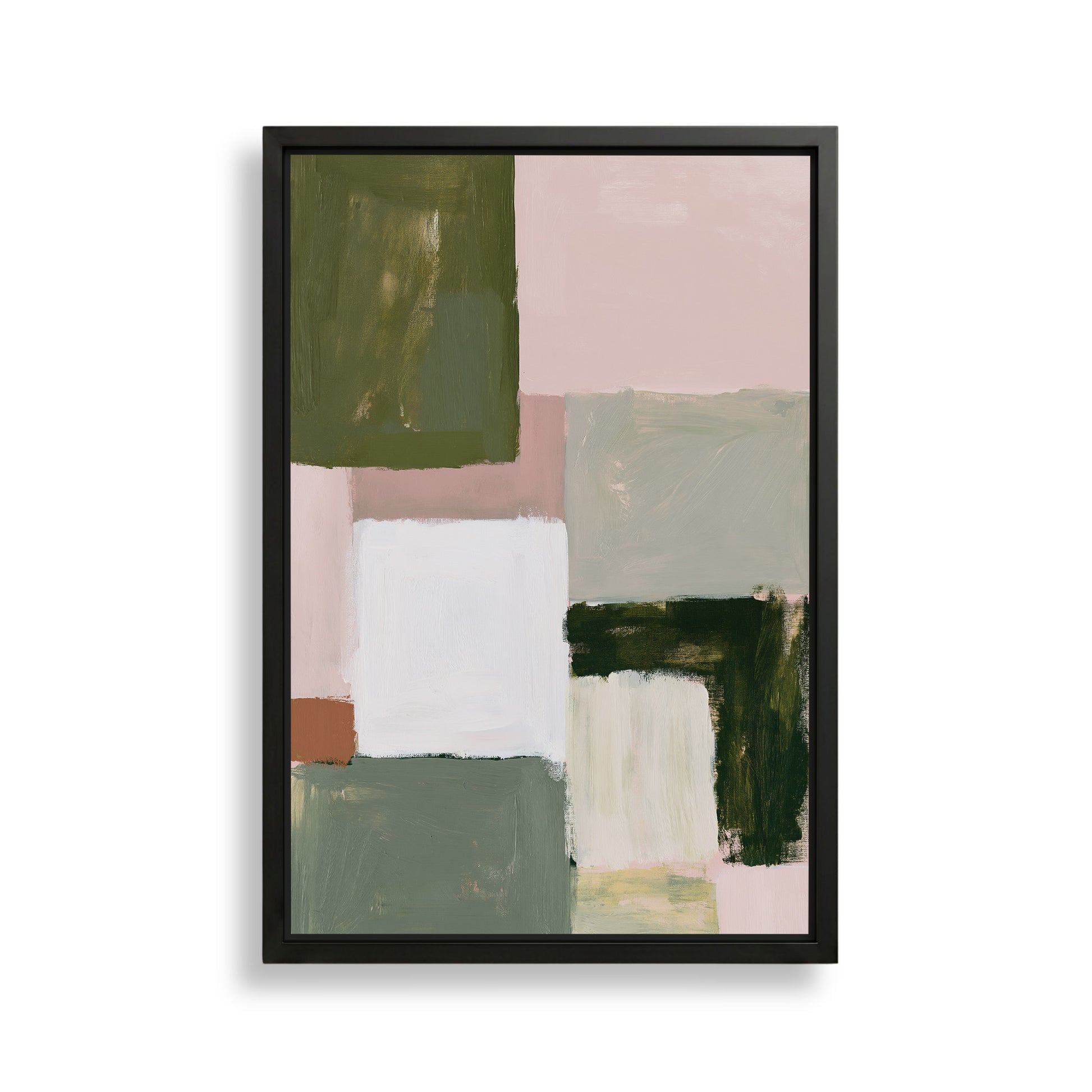 The image is a framed abstract painting featuring a variety of colors and shapes, including shades of green, pink, and white.