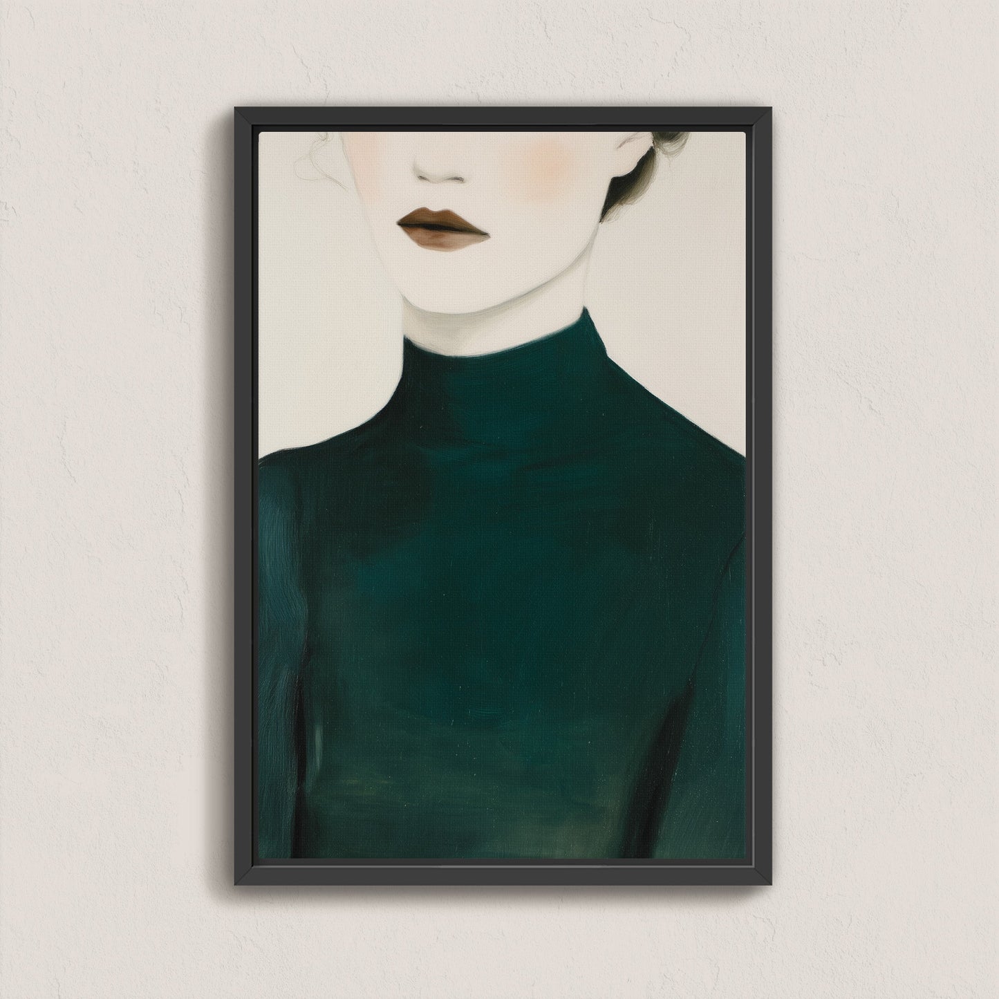 Poise Canvas Print of faceless figure in deep emerald dress with soft light skin tones in black frame