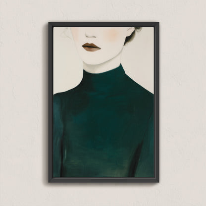 Poise Canvas Print of faceless figure in deep emerald dress with soft light skin tones in black frame