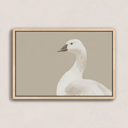 Grace Canvas Print of a white bird in cream and beige tones, framed in natural wood, minimalist and serene wall art.