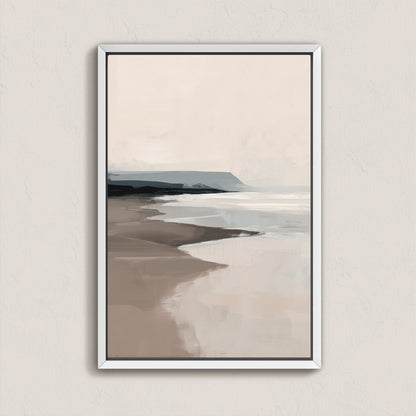 Mel Canvas Print depicting a tranquil beige and gray seascape with minimalist coastal tones in a white frame
