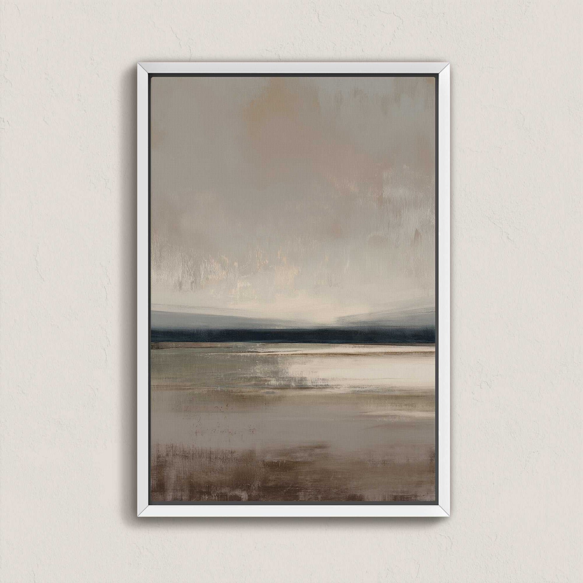 Vast canvas art with taupe, charcoal, and cream gradients depicting a tranquil horizon, framed in white.