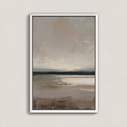 Vast canvas art with taupe, charcoal, and cream gradients depicting a tranquil horizon, framed in white.