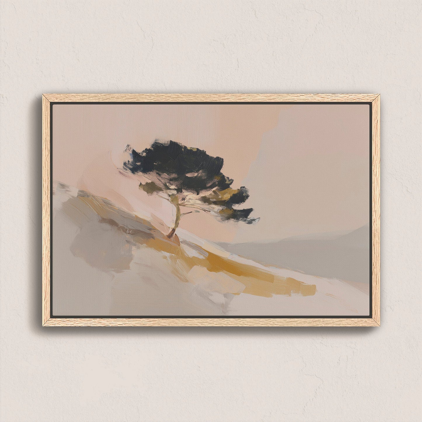 Arbor Canvas Wall Art featuring a lone pine tree on a sunlit hillside with warm neutral tones in a natural wood frame