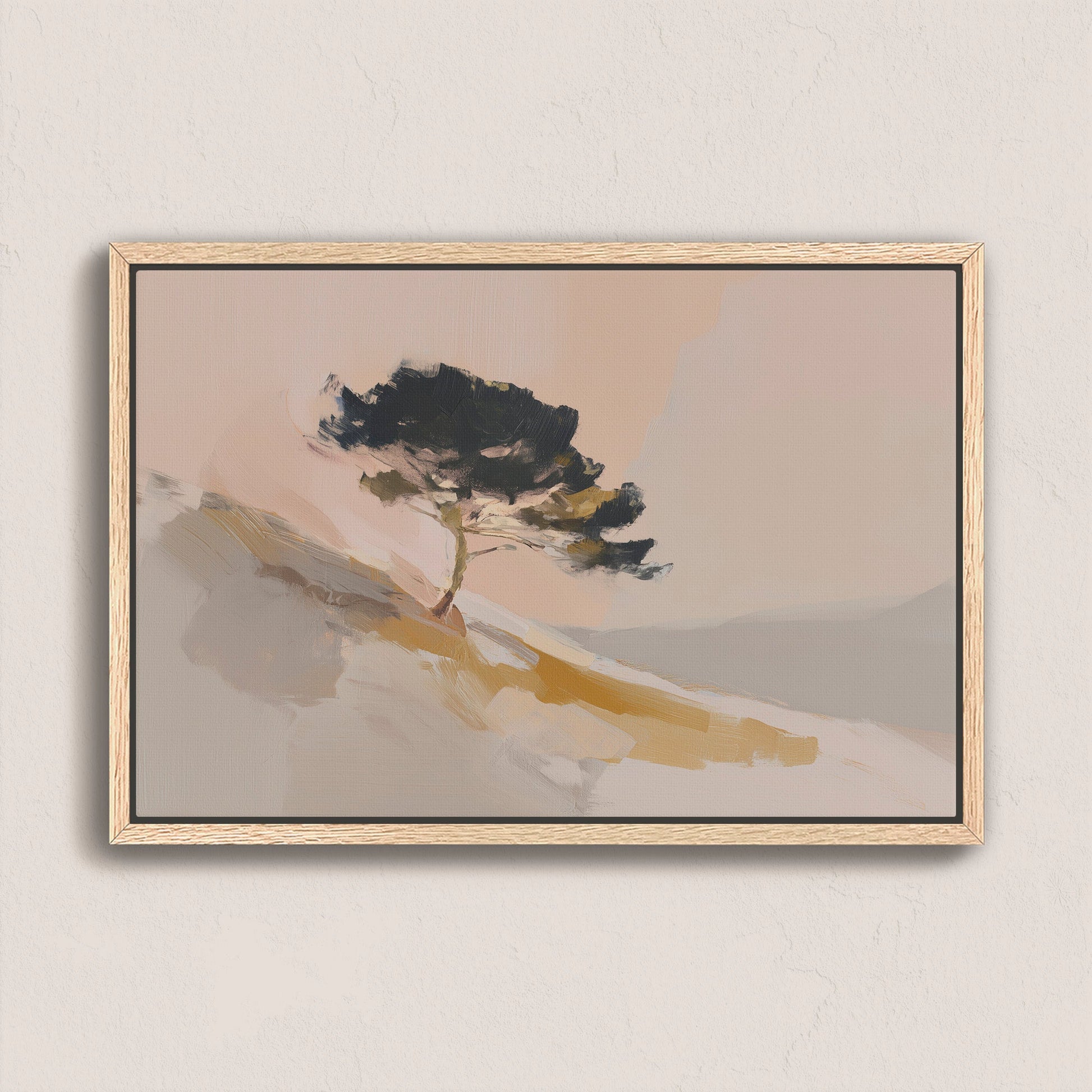Arbor Canvas Wall Art featuring a lone pine tree on a sunlit hillside with warm neutral tones in a natural wood frame