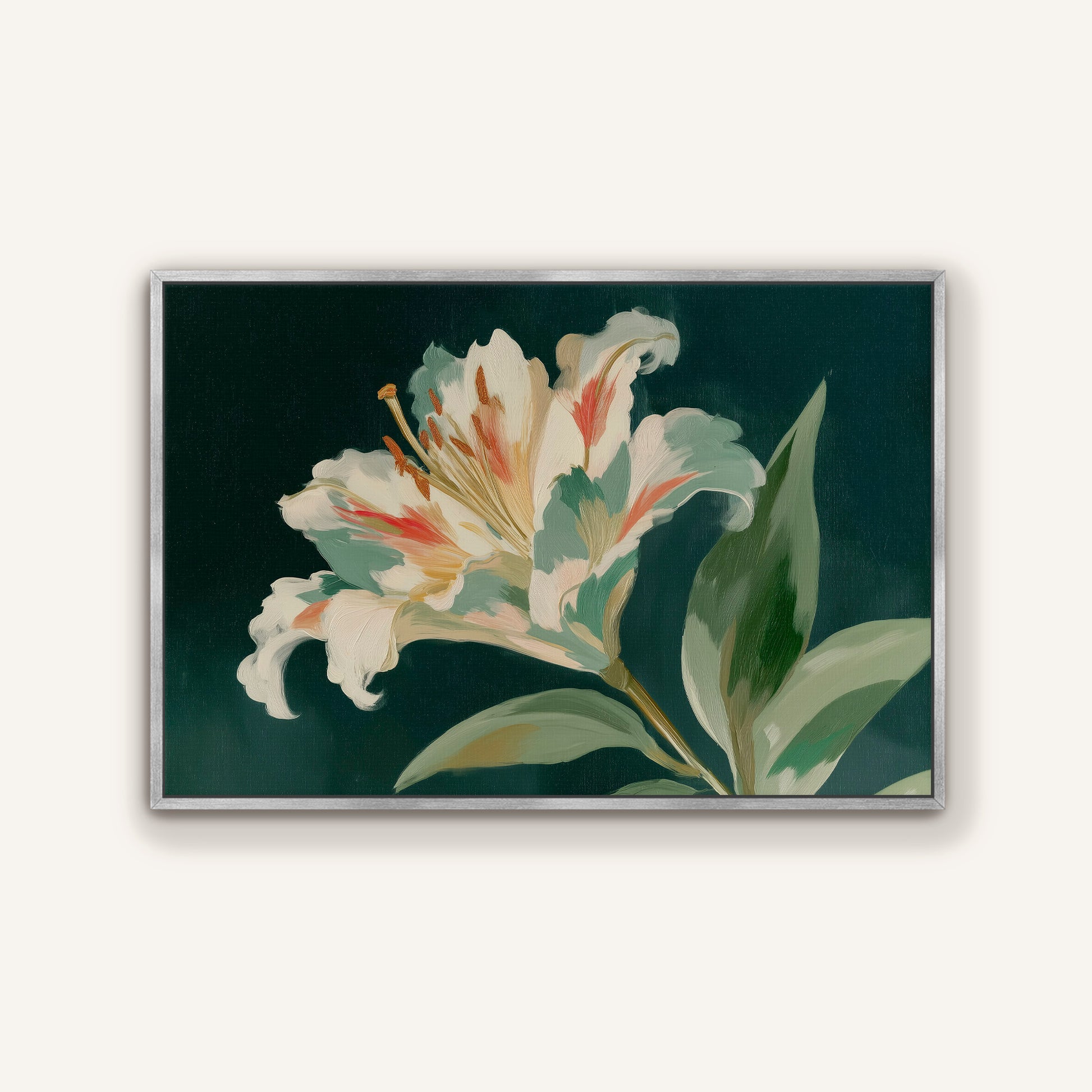A framed painting depicting a large, vibrant lily flower with delicate petals in shades of white, green, and orange against a dark background.