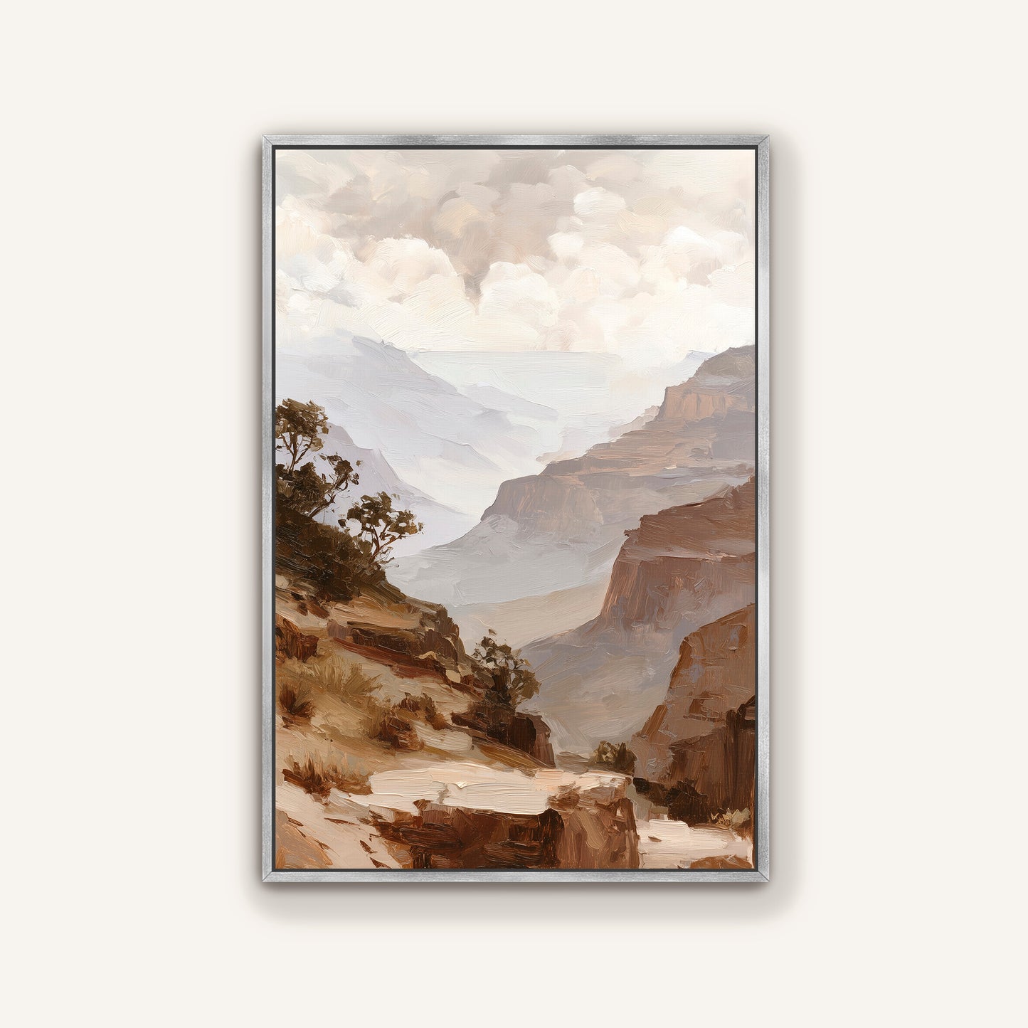 a scenic landscape with mountains, trees, and a cloudy sky.