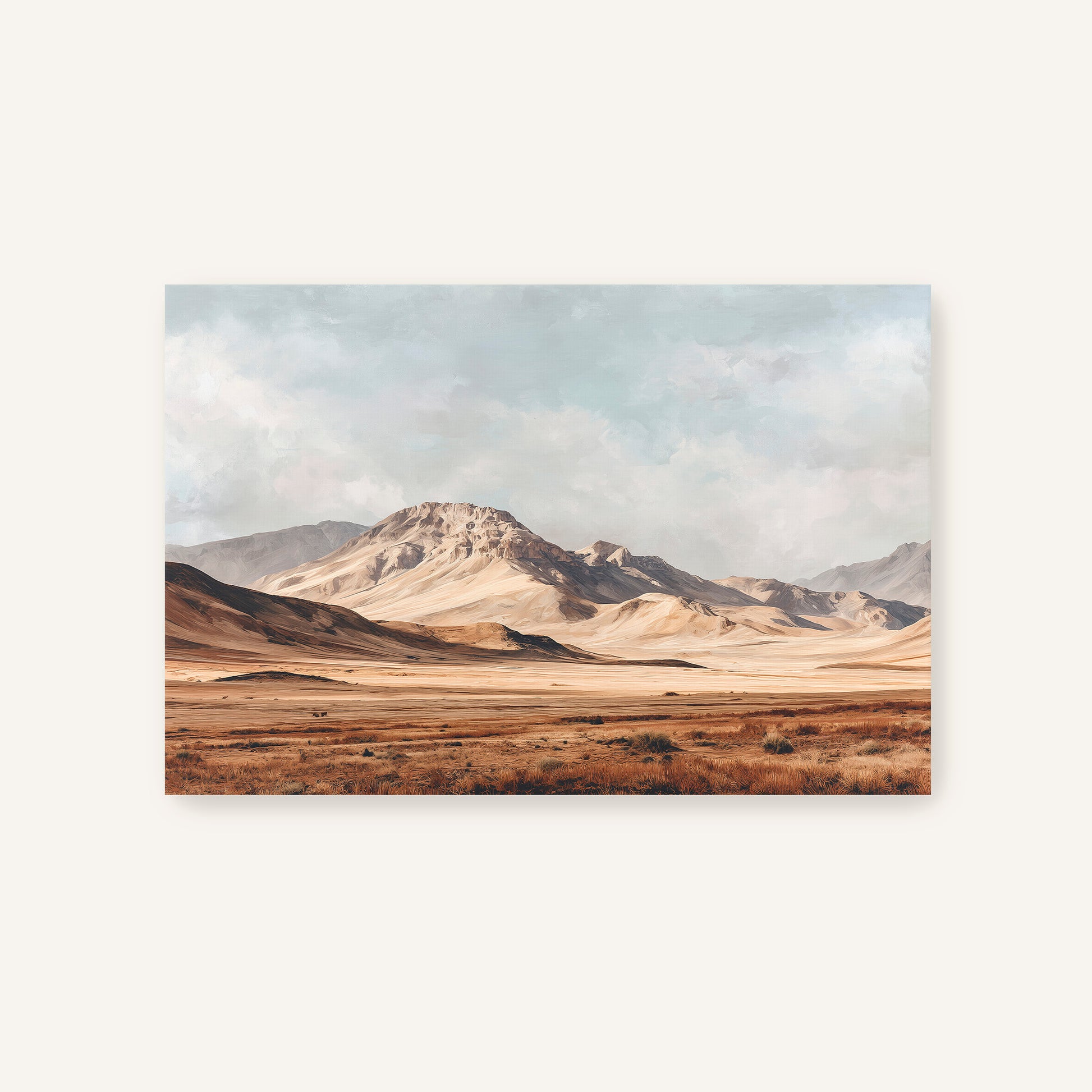a vast, arid landscape with rolling hills and mountains in the distance, under a cloudy sky.