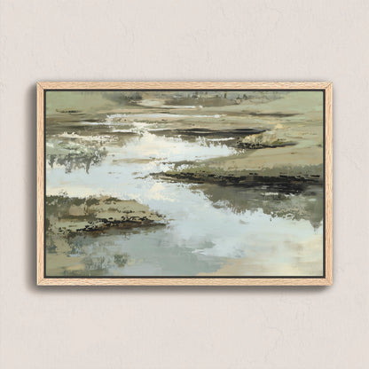 Reed canvas print depicting calm water and earth in layered sage, sand, and ivory tones with a natural wood frame