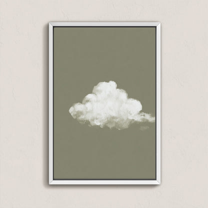 'Trace' canvas print featuring a single white cloud on muted sage background in a white frame