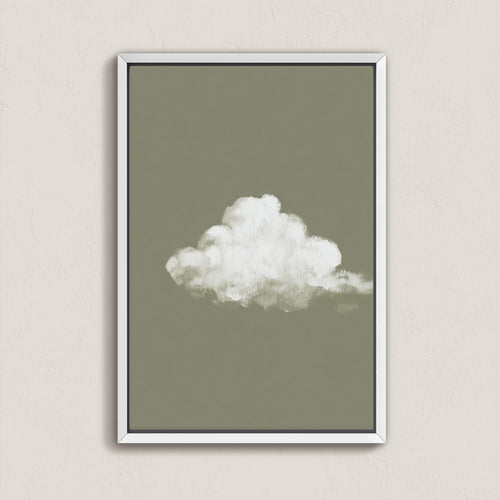 'Trace' canvas print featuring a single white cloud on muted sage background in a white frame