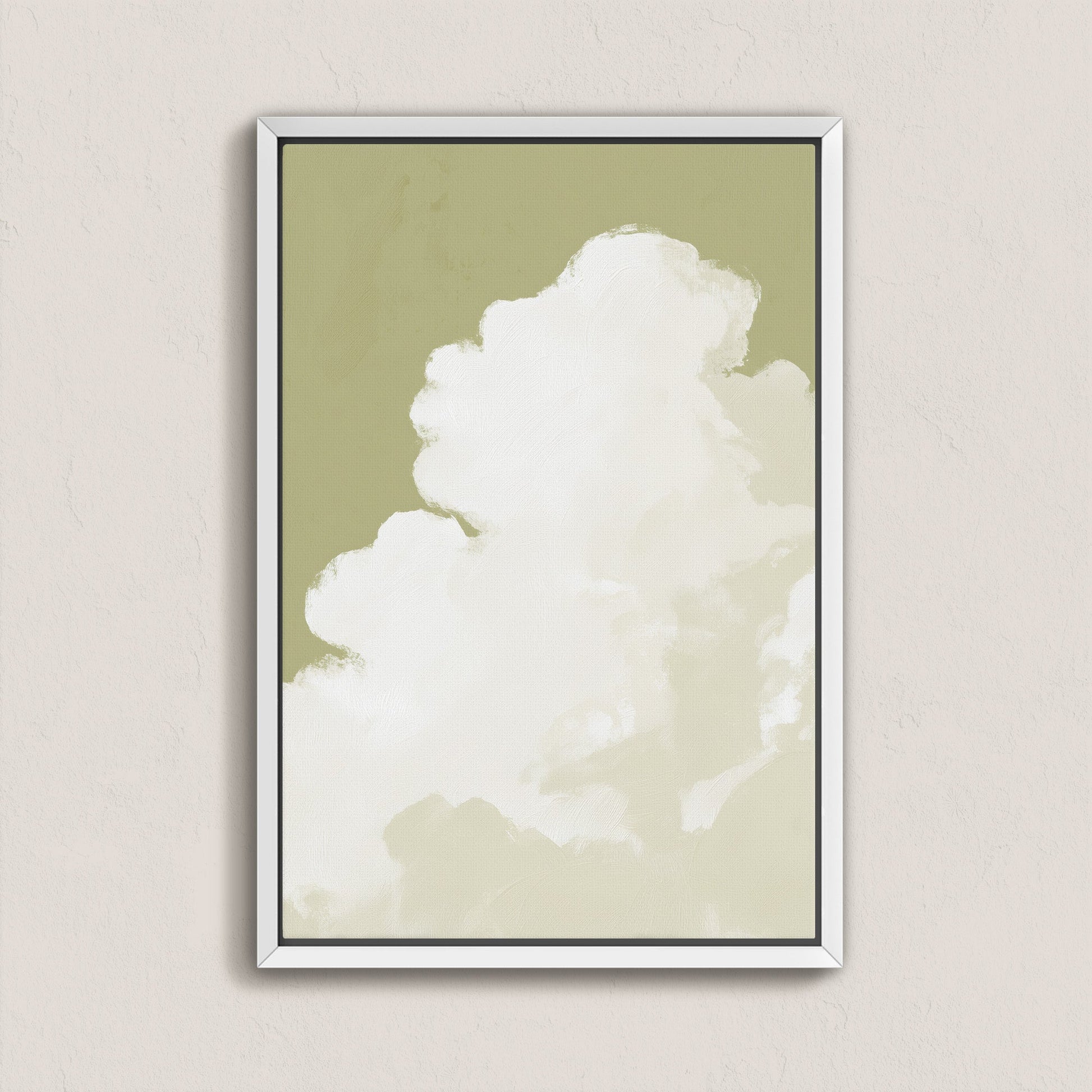 Rise Canvas Wall Art framed white with soft cloud painting on muted sage background for modern interiors