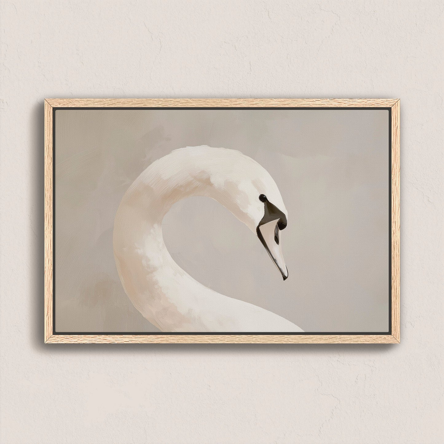 Lumine canvas print featuring graceful swan in muted tones with natural wood frame