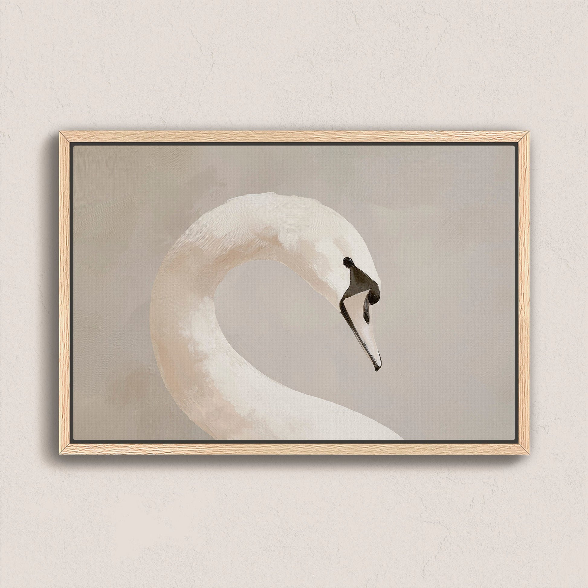 Lumine canvas print featuring graceful swan in muted tones with natural wood frame