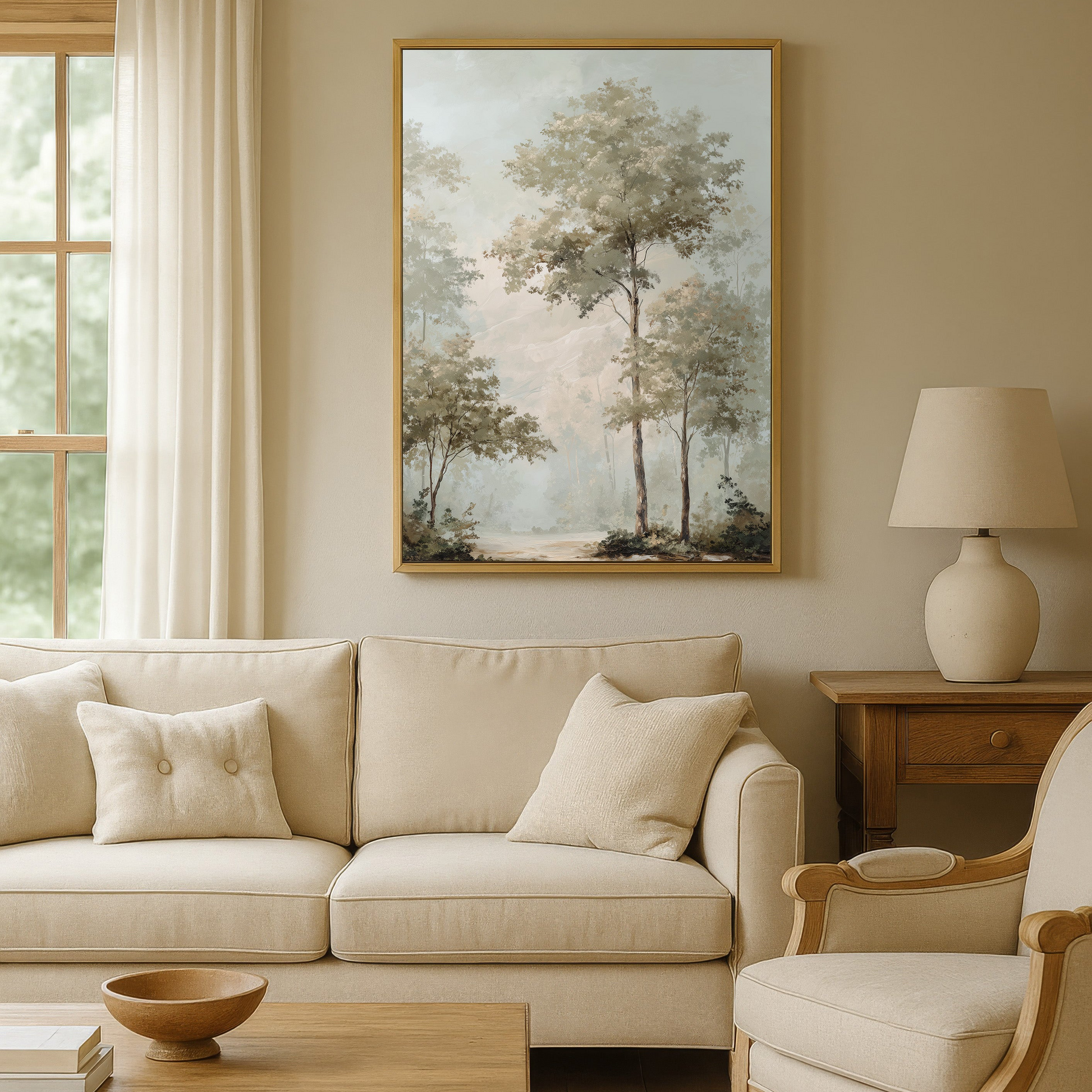 a cozy living room with a large painting of trees hanging on the wall above a beige sofa and armchair. The room has a warm, neutral color scheme with a wooden coffee table and a lamp on a side table.
