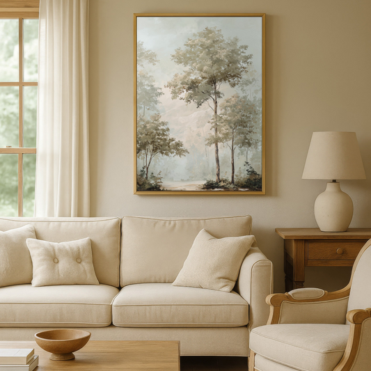 a cozy living room with a large painting of trees hanging on the wall above a beige sofa and armchair. The room has a warm, neutral color scheme with a wooden coffee table and a lamp on a side table.