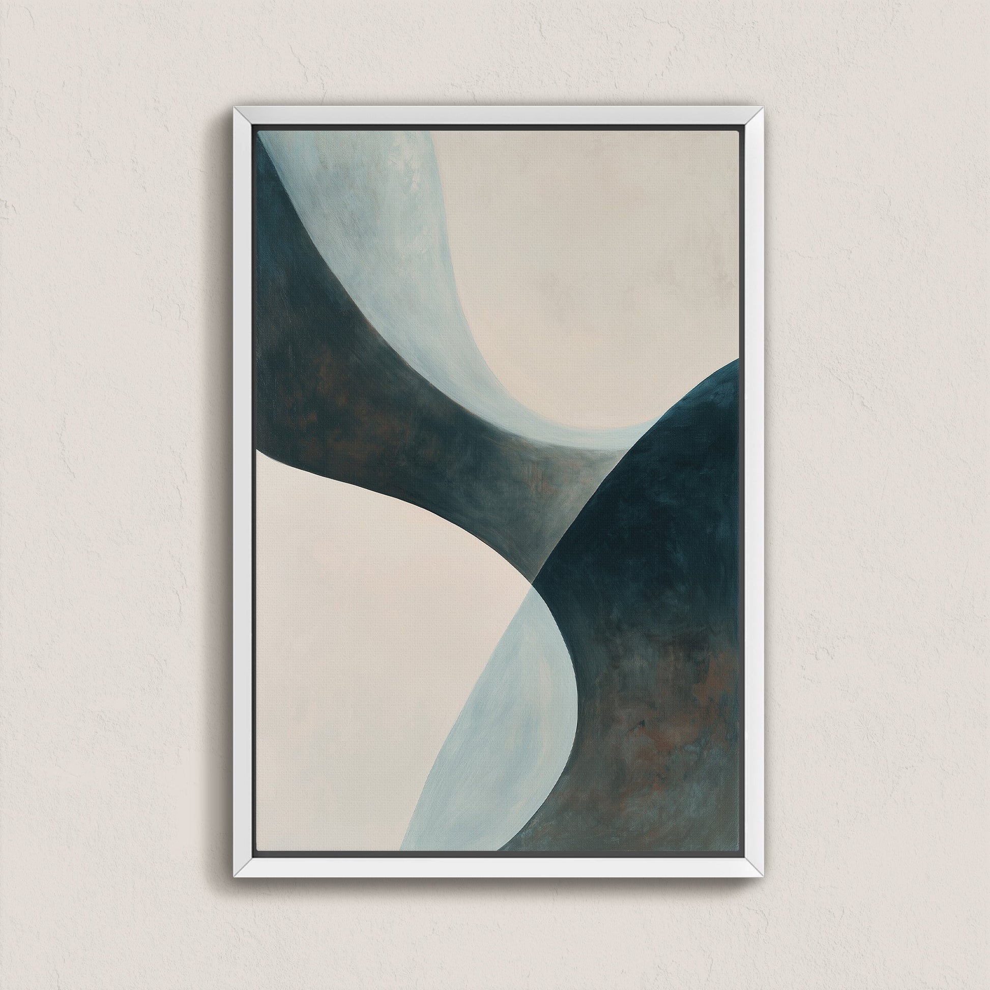 'Bend' canvas artwork with soft teal and earth tone curves in a white frame, modern abstract wall art for contemporary spaces