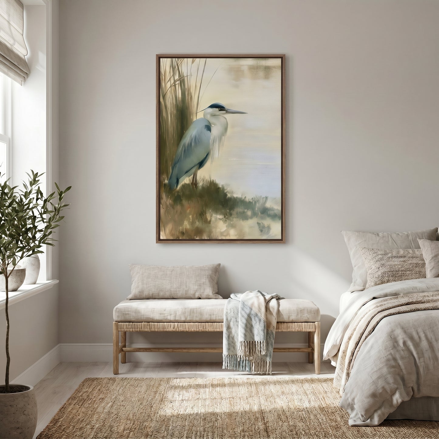 a serene bedroom scene with a large painting of a blue heron perched on a branch hanging on the wall. The room is decorated with a large window, a bench, and a rug, creating a cozy and inviting atmosphere.