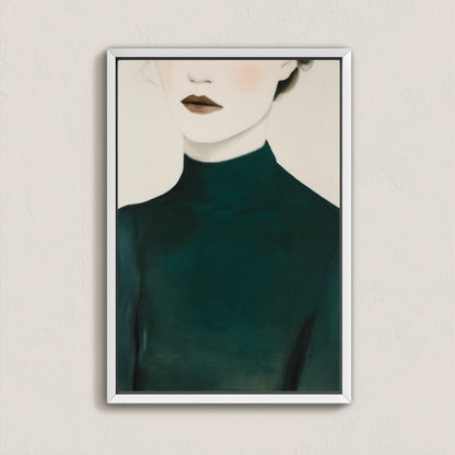 Poise Canvas Print featuring a faceless figure in an emerald turtleneck, framed in white with soft light skin tones and modern minimalist style.