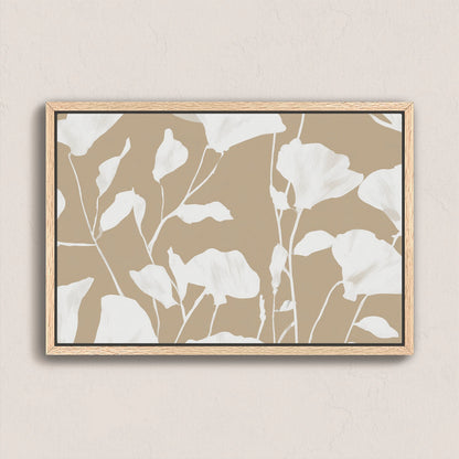 Driftleaf canvas print with white floral silhouettes on beige background in natural wood frame