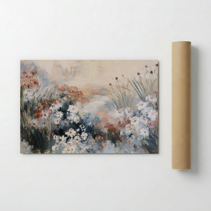 The image is a painting of a field of flowers, with a variety of colors and textures.
