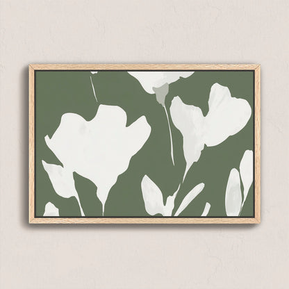 Verdal canvas print with ivory botanical silhouettes on muted olive background in natural wood frame