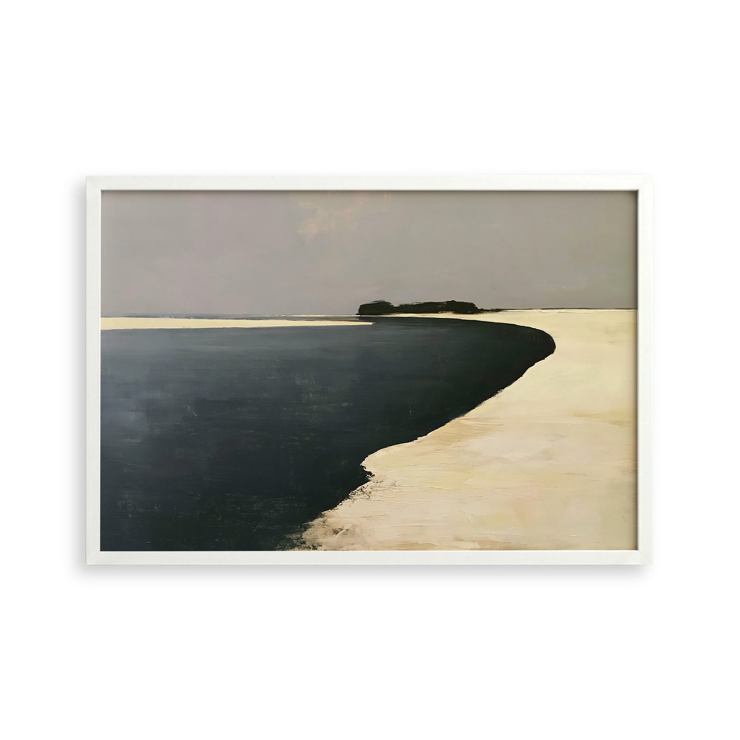 The image is a landscape painting depicting a serene scene of a body of water, possibly a lake or a river, with a sandy beach and a small island in the distance. The painting has a predominantly black and white color scheme, with the exception of the water, which is depicted in a darker shade of gray. The overall composition and use of color create a sense of tranquility and calmness in the scene.