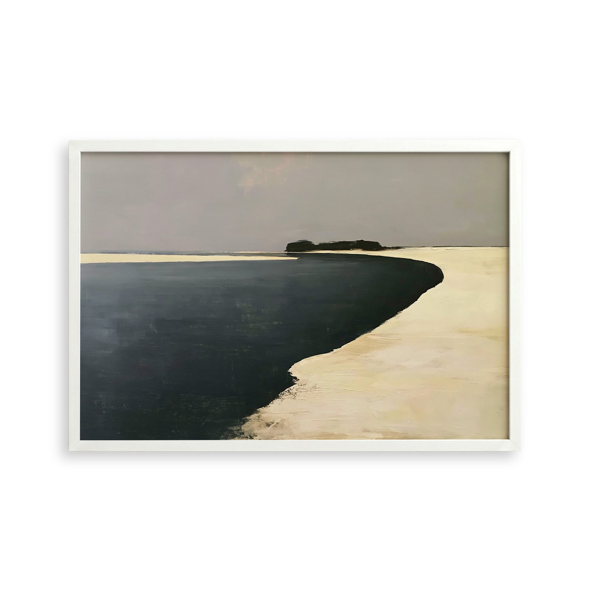 The image is a landscape painting depicting a serene scene of a body of water, possibly a lake or a river, with a sandy beach and a small island in the distance. The painting has a predominantly black and white color scheme, with the exception of the water, which is depicted in a darker shade of gray. The overall composition and use of color create a sense of tranquility and calmness in the scene.