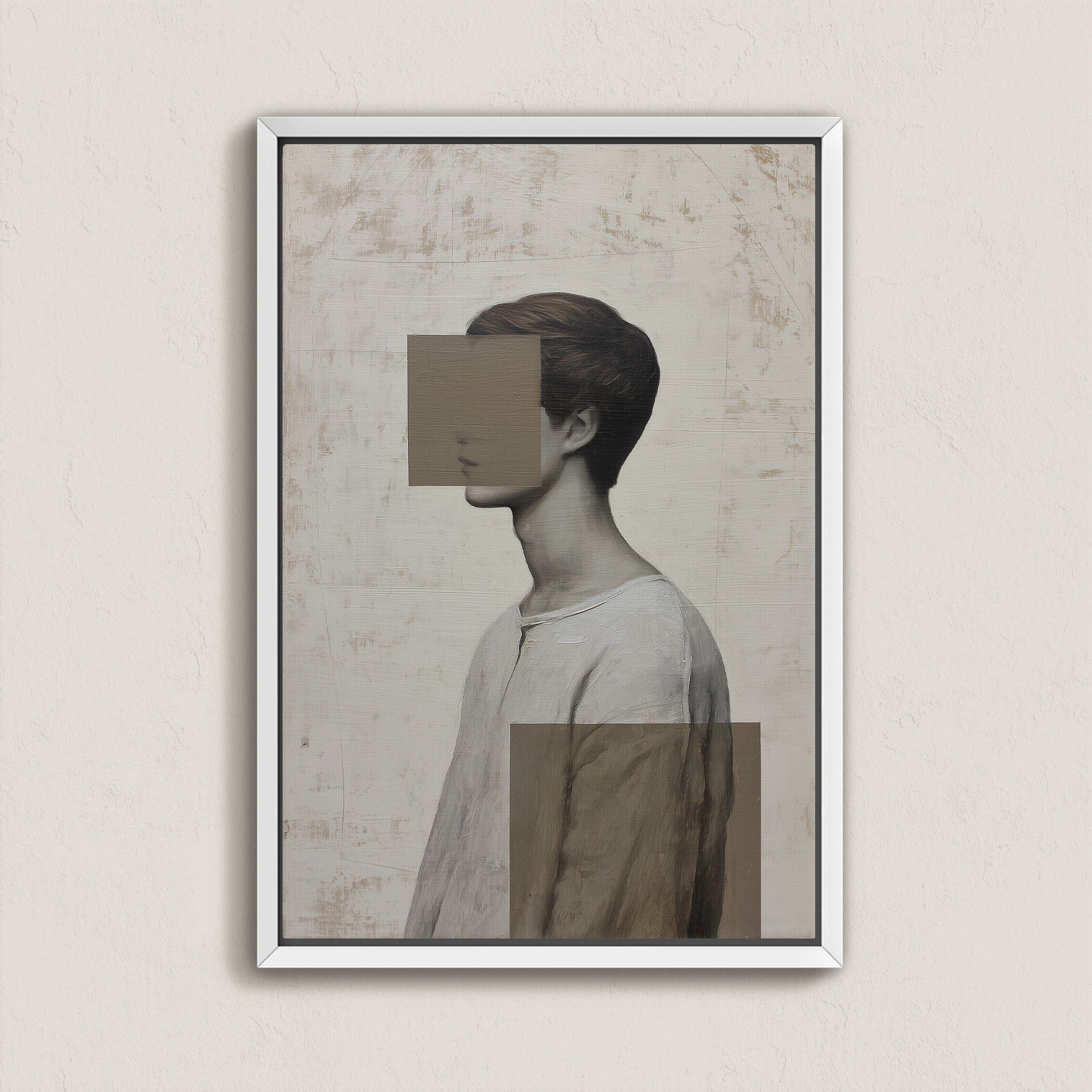 Framed Masked Canvas Print featuring abstract portrait with muted tones and geometric design
