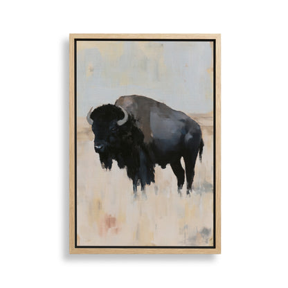 The image is a painting of a black buffalo standing in a field.