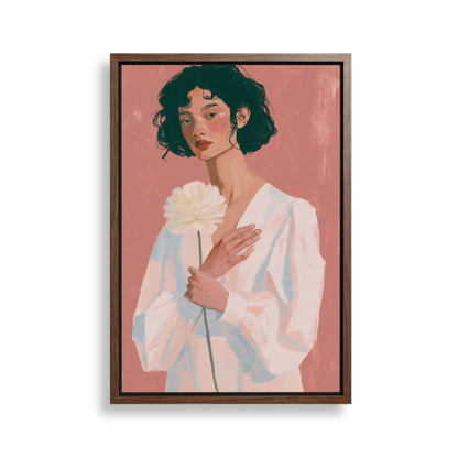 A woman with dark hair is holding a large white flower in the center of the image.