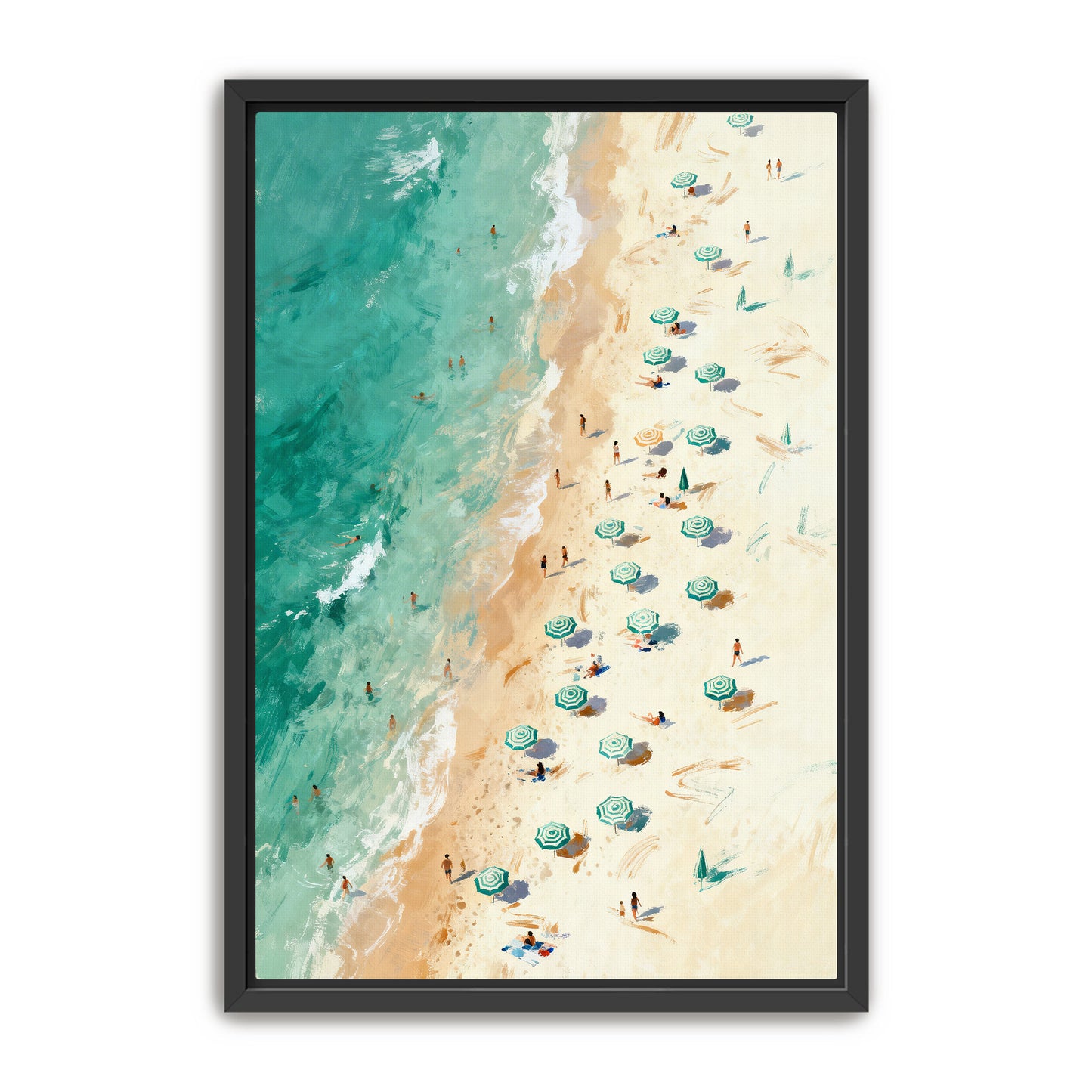 a beach scene with people enjoying the sun and sand, surrounded by numerous umbrellas providing shade.