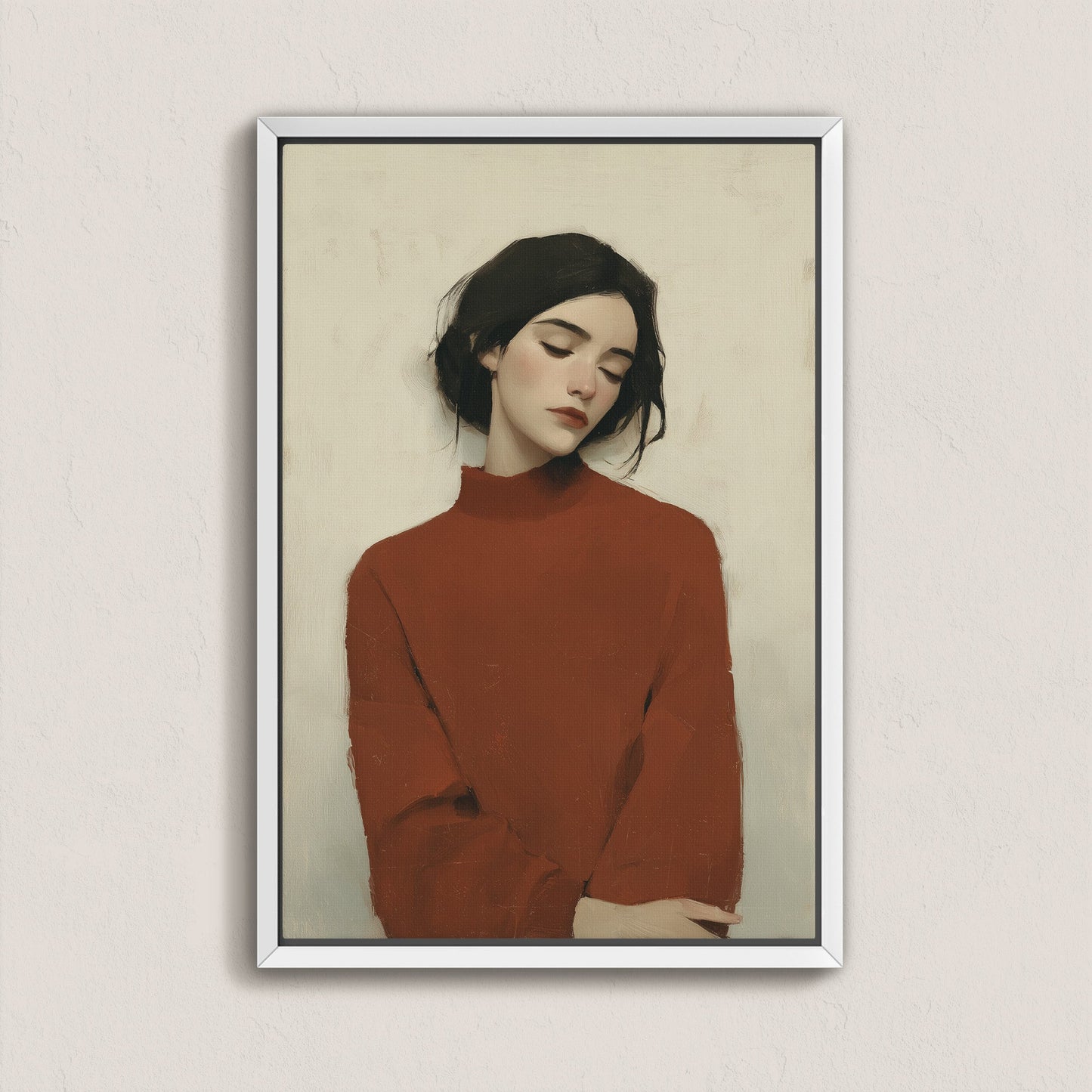 Madi canvas wall art of a woman in a red sweater with muted tones and soft posture in a white frame